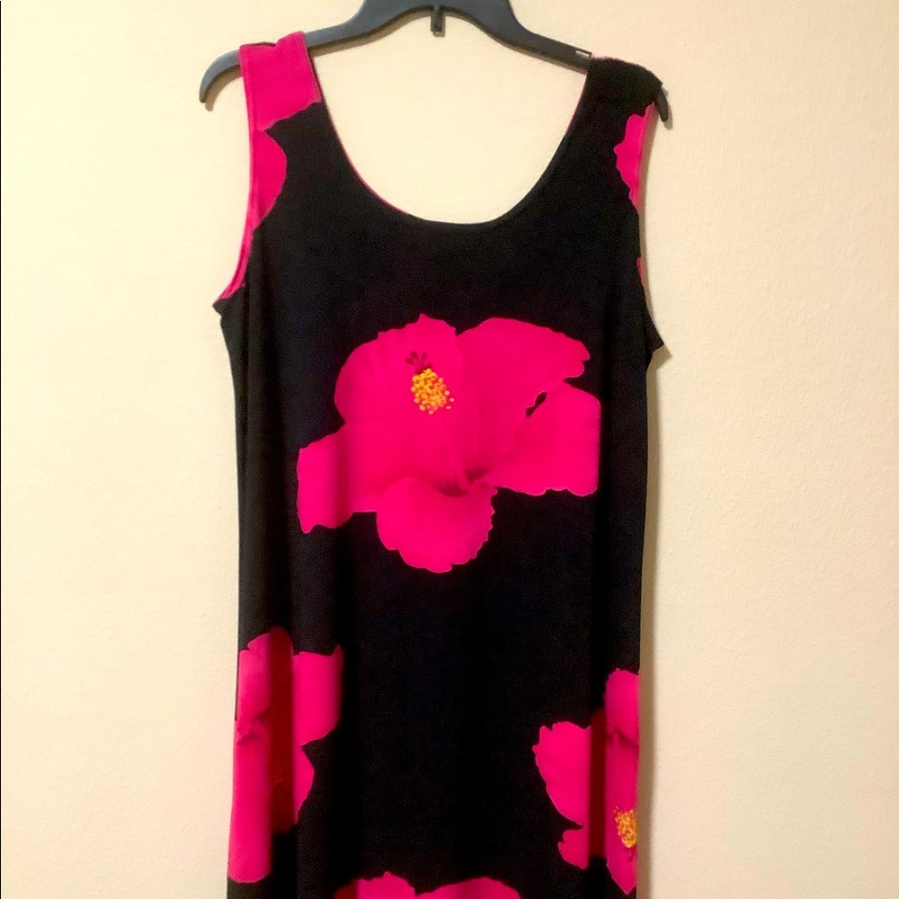 Sleeveless Black Dress with Bold Pink Floral Print
